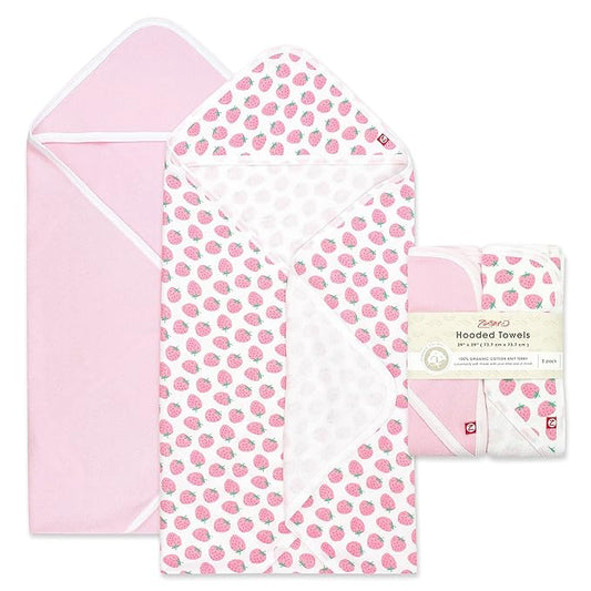 Zutano Hooded Baby Towels, Organic Cotton Baby Bath Towel, Ultra Soft and Absorbent Baby Towel for Newborn and Infant | Girl, Boy, and Unisex Towel Set, Strawberries, 2-Pack