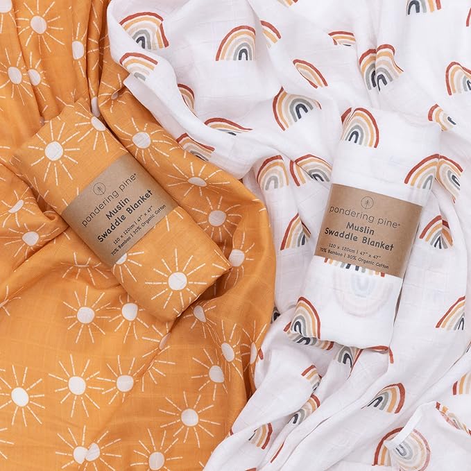 Organic Baby Muslin Swaddle Blankets for Boy or Girl - Sun and Rainbow Swaddling Blanket 2 Pack - Soft Muslin, XLarge and Breathable, Boho Baby, 47" X 47"