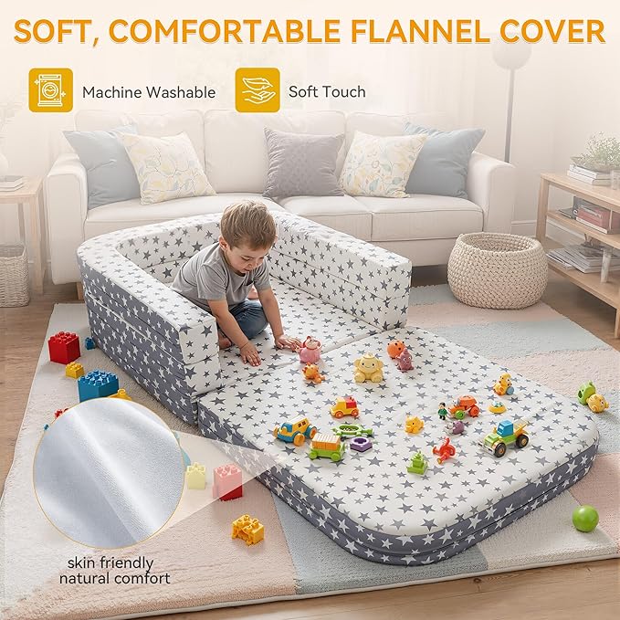 Toddler Travel Bed,Foldable & Portable Baby Cot,Three-in-one Design Little Sofa,Play Mat,Floor Bed for Kids,Oxford Fabric with Star Print,Lightweight&Easy Carry 60"x30"x7.9" (Sleeping Lounging Play)
