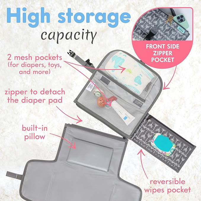 Kopi Baby Portable Diaper Changing Pad-Baby Diaper Changer Travel Bag with Wipes Pocket, Smart Design Portable Changing Mat, Infant Travel Station Kit, Gift for Newborn Girl & Boy-Grey Arrows, Classic