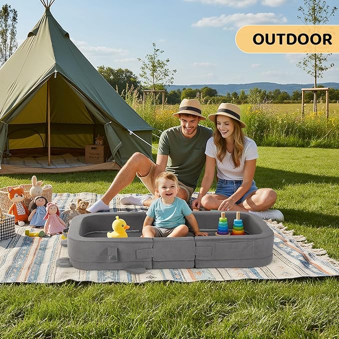 MAMIZO Toddler Travel Bed,Foldable Portable Toddler Floor Bed with Soft Foam for Baby and Kids Aged 1-4,Washable Cover Travel Crib with Safety Rail for Home,Hotel,Family Visits,Camping,Grey