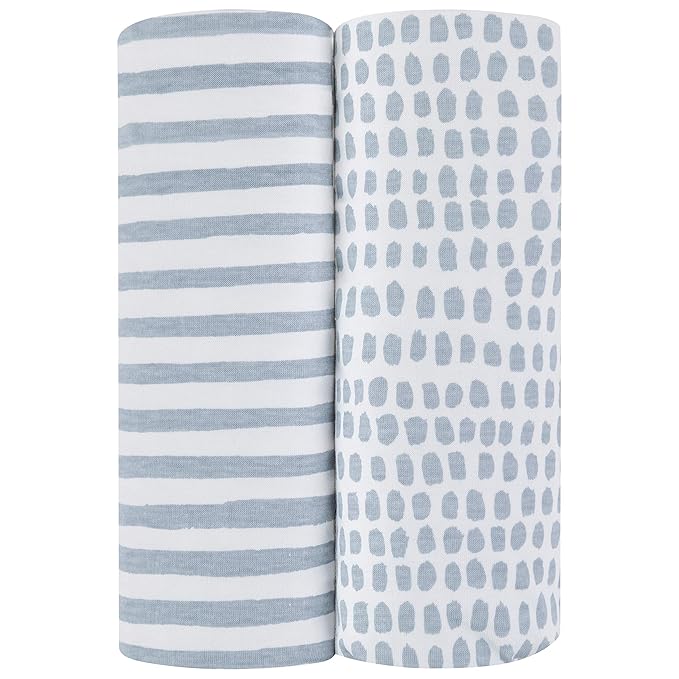 Ely’s & Co. Patent Pending Waterproof Changing Pad Cover|Cradle Sheet 2-Pack Set for Baby Boy - 100% Cotton, Jersey Knit Cotton Sheets with Waterproof Lining — Misty Blue, Stripes and Splashes