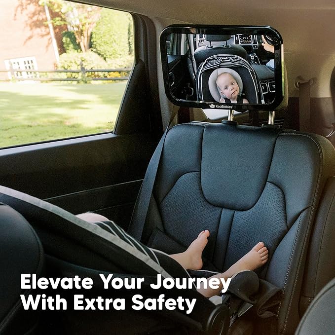 KeaBabies Shatterproof Baby Car Mirror, Backseat - Large Safety Car Seat Mirror for Baby Rear Facing, 360 Crystal Clear View, Accessories for Removable Headrest, Easy Install & Adjust (Sleek Black)