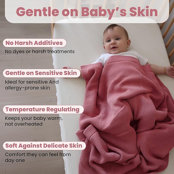 Little Dedi 100% Organic Cotton Baby Knitted Blanket with Gift Box - Soft Toddler, Crib, Stroller Blanket - Neutral Swaddle and Receiving Blanket for Newborns, 30"x40", Color Berry