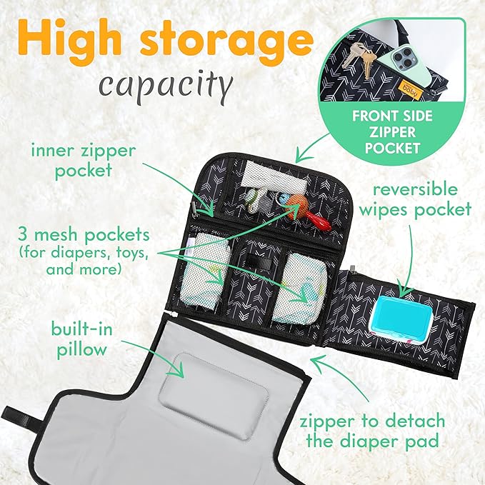 Kopi Baby Portable Diaper Changing Pad-Baby Diaper Changer Travel Bag with Wipes Pocket, Smart Design Portable Changing Mat, Infant Travel Station Kit, Gift for Newborn Girl & Boy-Black Arrows,Premium