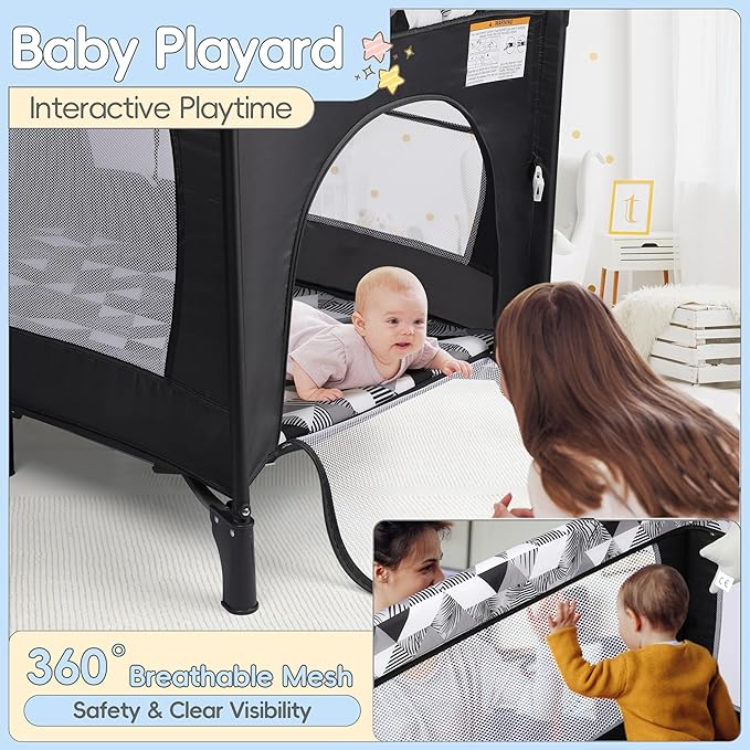 Xilingol 5-in-1 Pack and Play with Changing Table, Baby Bassinet Bedside Sleeper with Storage Bag & Music Box, Portable Baby Crib with Carry Bag, Foldable Playard with Bassinet for Newborn to Toddlers