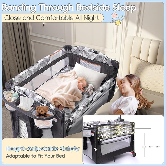 Xilingol 5-in-1 Pack and Play with Changing Table, Baby Bassinet Bedside Sleeper with Storage Bag & Music Box, Portable Baby Crib with Carry Bag, Foldable Playard with Bassinet for Newborn to Toddlers