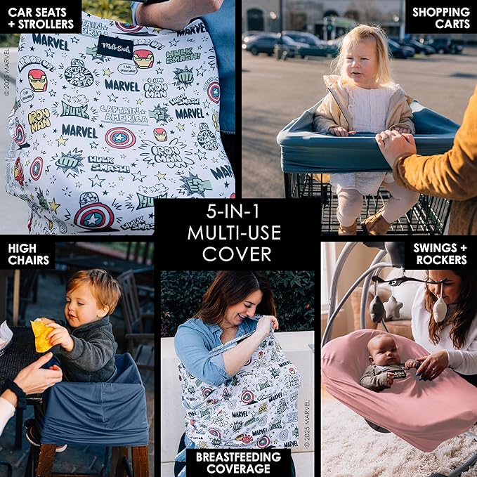 Milk Snob Original Marvel 5-in-1 Baby Cover, Breastfeeding, Car Seat, Carrier, Stroller, High Chair, Shopping Cart, Canopy, Baby Shower Gender Neutral Gifts, Nursing Top (Mighty Heroes)
