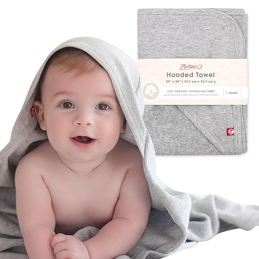 Zutano Hooded Baby Towels, Organic Cotton Baby Bath Towel, Ultra Soft and Absorbent Baby Towel for Newborn and Infant | Girl, Boy, and Unisex Towel Set, Heather Gray Solid, 1-Pack