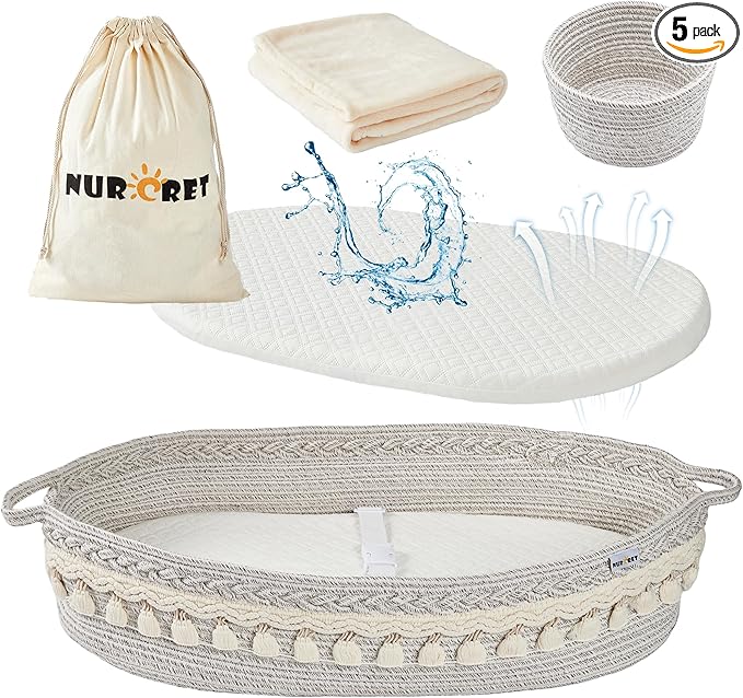 Baby Changing Basket, Foldable Portable Changing Pad, Moses Basket for Newborn, Changing Table Topper for Dresser, Cotton Rope Diaper Caddy for Travel&Nursery, Waterproof Foam Pad Cover, Off-White