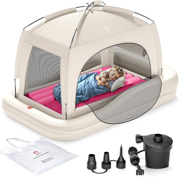 QPAU Inflatable Toddler Travel Bed with Tent, Portable Kids Air Mattress with Safety Sides, Ideal for Home, Grandma's, Camping, Traveling -Includes Fast Electric Pump