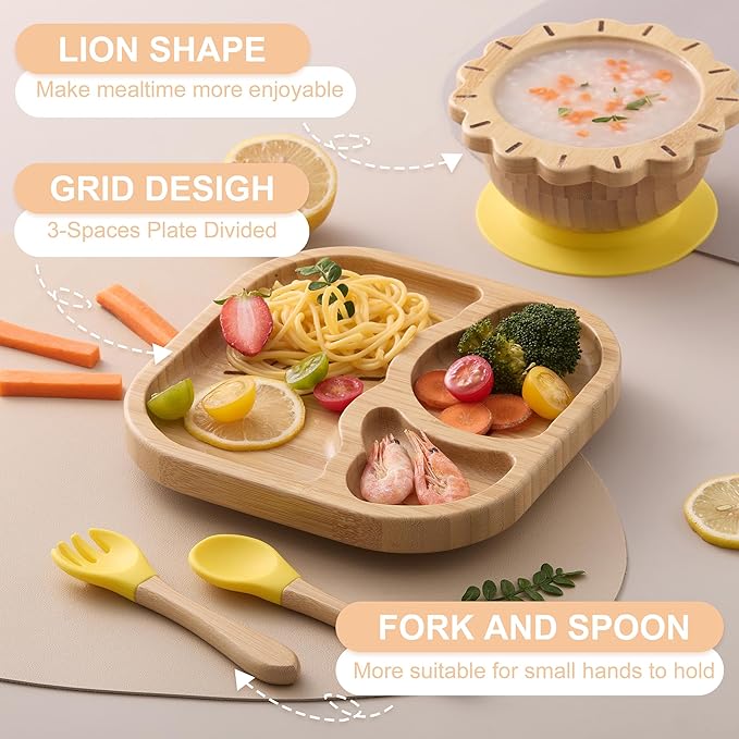 BABY REMEMBER Suction Plates Bowls Set for Baby Toddler Non-Toxic Bamboo Feeding Set with Silicone Fork & Spoon (Yellow Feeding Set)