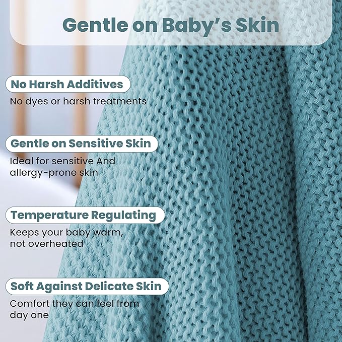 Little Dedi 100% Organic Cotton Baby Knitted Blanket with Gift Box - Soft Toddler, Crib, Stroller Blanket - Neutral Swaddle and Receiving Blanket for Newborns, 30"x40", Smoke Blue