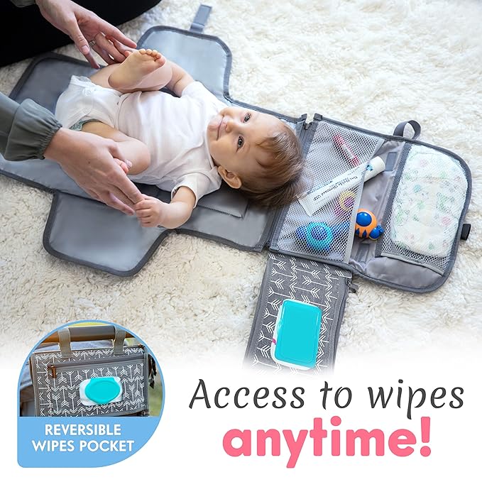 Kopi Baby Portable Diaper Changing Pad-Baby Diaper Changer Travel Bag with Wipes Pocket, Smart Design Portable Changing Mat, Infant Travel Station Kit, Gift for Newborn Girl & Boy-Grey Arrows, Classic