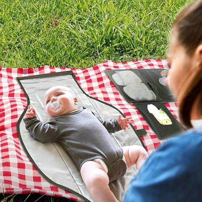 Pillani Portable Changing Pad - Travel Diaper Changing Mat, Waterproof, Foldable & Detachable Station with Baby Wipes Pockets