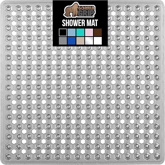 GORILLA GRIP Patented Square Shower Stall Mat, Small Bathtub Floor Mats for Stand Up Showers with Suction Cups and Drainage Holes, Machine Washable, Soft on Feet, Bathroom Accessories 21x21 Inch, Gray