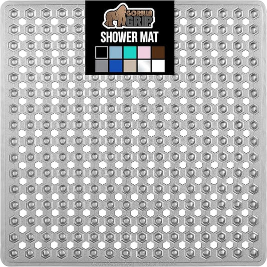 GORILLA GRIP Patented Square Shower Stall Mat, Small Bathtub Floor Mats for Stand Up Showers with Suction Cups and Drainage Holes, Machine Washable, Soft on Feet, Bathroom Accessories 21x21 Inch, Gray