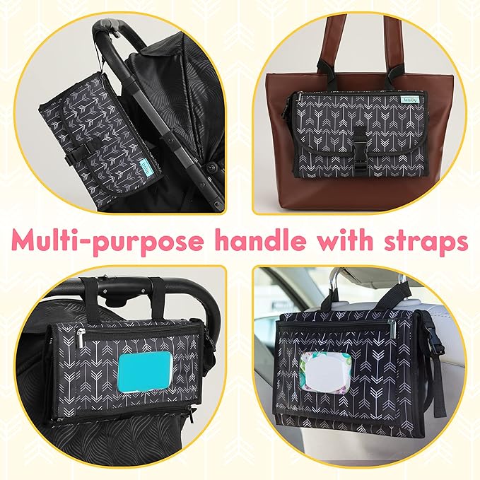 Kopi Baby Portable Diaper Changing Pad - Baby Diaper Changer Travel Bag with Wipes Pocket, Smart Design Portable Changing Mat, Infant Travel Station Kit, Gift for Newborn - Black Arrows, Classic