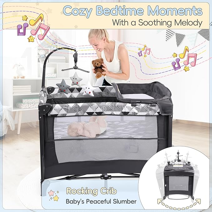 Xilingol 5-in-1 Pack and Play with Changing Table, Baby Bassinet Bedside Sleeper with Storage Bag & Music Box, Portable Baby Crib with Carry Bag, Foldable Playard with Bassinet for Newborn to Toddlers
