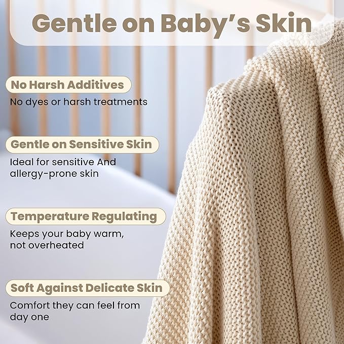 Little Dedi 100% Organic Cotton Baby Knitted Blanket with Gift Box - Soft Toddler, Crib, Stroller Blanket - Neutral Swaddle and Receiving Blanket for Newborns, 30"x40", Beige