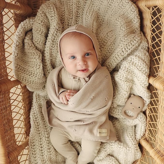 Bleu La La Baby Gift Set - Organic Cotton Newborn Blanket Essentials, Thoughtful Baby Shower & New Baby Gift for Boys & Girls (Pointelle - Oatmeal)