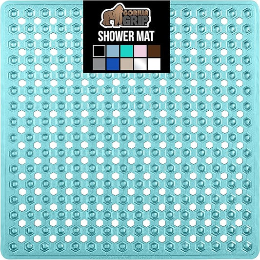 GORILLA GRIP Patented Square Shower Stall Mat, Small Bathtub Floor Mats for Stand Up Showers, Suction Cups and Drainage Holes, Machine Wash, Soft on Feet, Bathroom Accessories 21x21 Inch, Turquoise