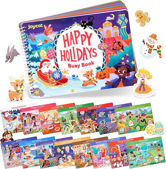 JoyCat Preschool Busy Book for Toddlers 3-5, Dual-Language Learning Activities, Educational Sensory Toys, Autism Learning Materials for Boys & Girls (Holidays)