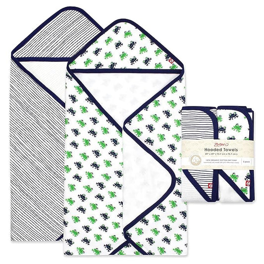 Zutano Hooded Baby Towels, Organic Cotton Baby Bath Towel, Ultra Soft and Absorbent Baby Towel for Newborn and Infant | Girl, Boy, and Unisex Towel Set, Leap Frog, 2-Pack