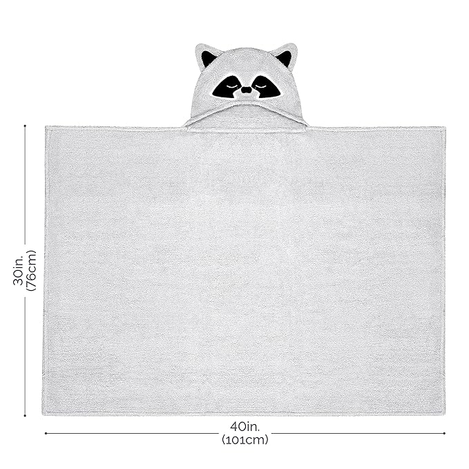 Natemia Premium Ultra Soft Hooded Baby Towel - Grey Raccoon Animal Design - Newborn to Toddler - Made in Turkey
